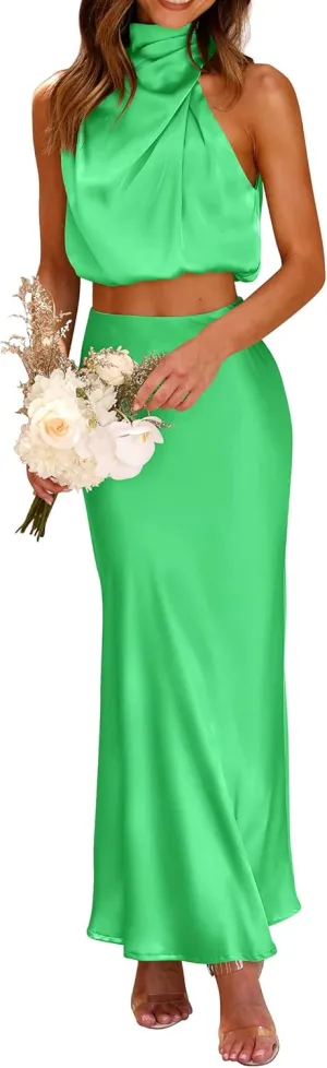 PRETTYGARDEN Women's 2 Piece Satin Outfits Summer Sleeveless Mock Neck Crop Tops and Long Skirt Dress Sets