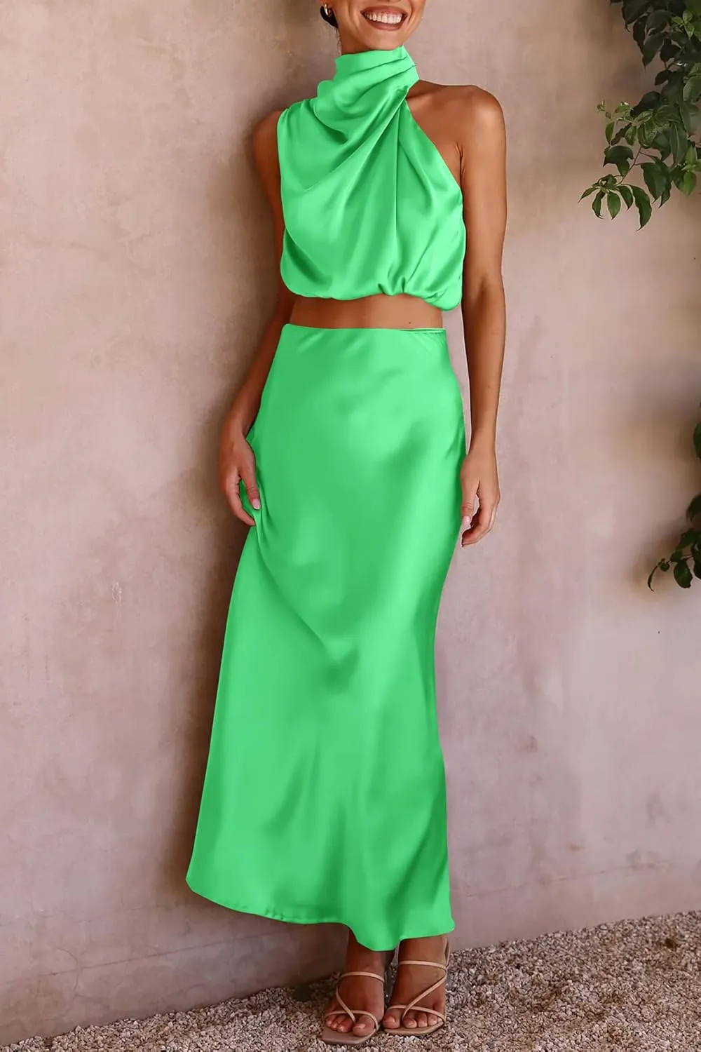 PRETTYGARDEN Women's 2 Piece Satin Outfits Summer Sleeveless Mock Neck Crop Tops and Long Skirt Dress Sets