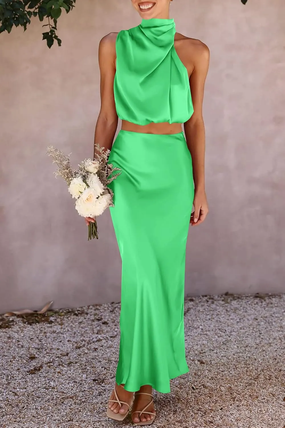 PRETTYGARDEN Women's 2 Piece Satin Outfits Summer Sleeveless Mock Neck Crop Tops and Long Skirt Dress Sets