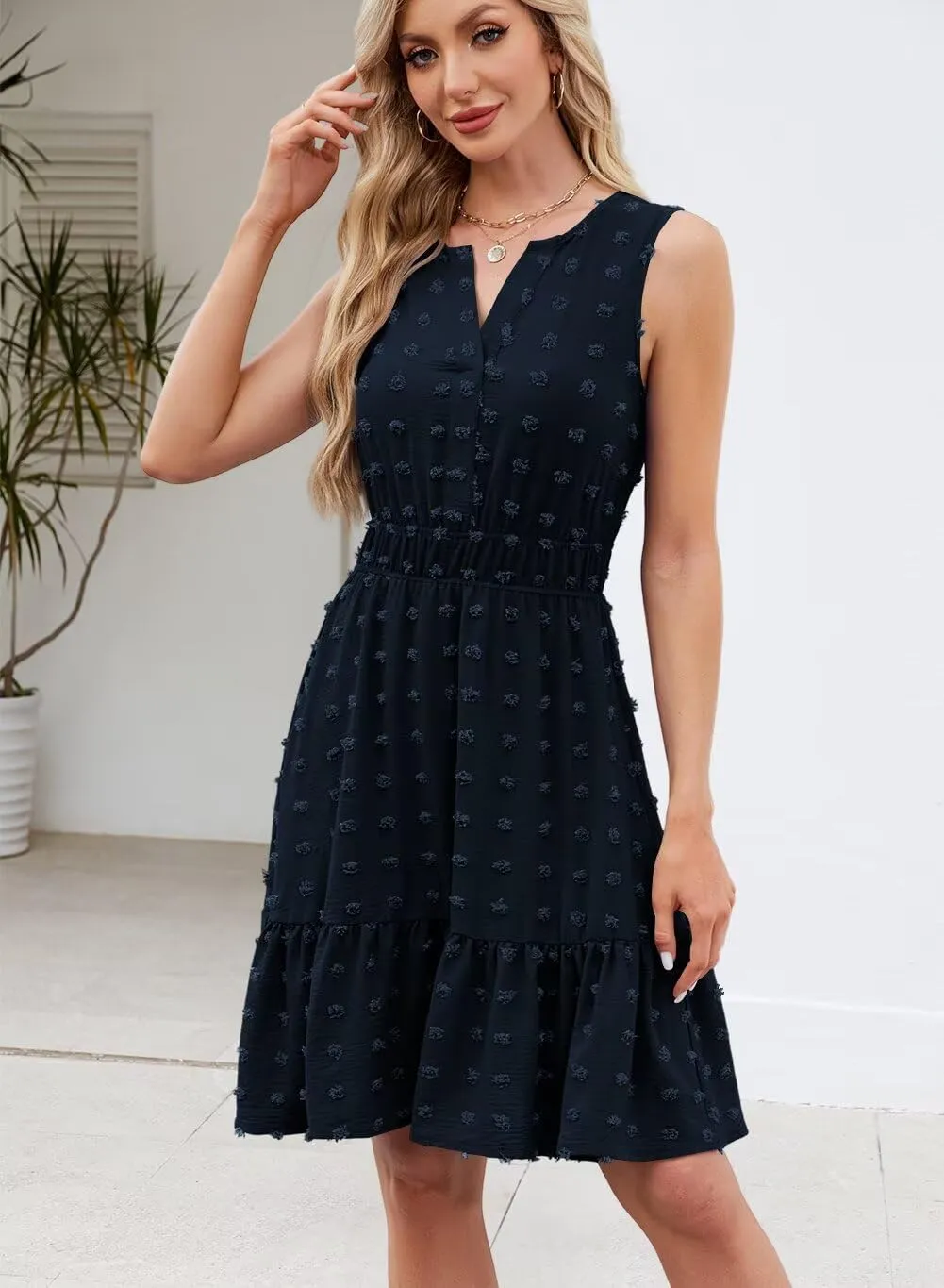 QACOHU 2025 Women Summer Short Dress Sleeveless V Neck Swiss Dot A Line Swing Mini Sundress for Women