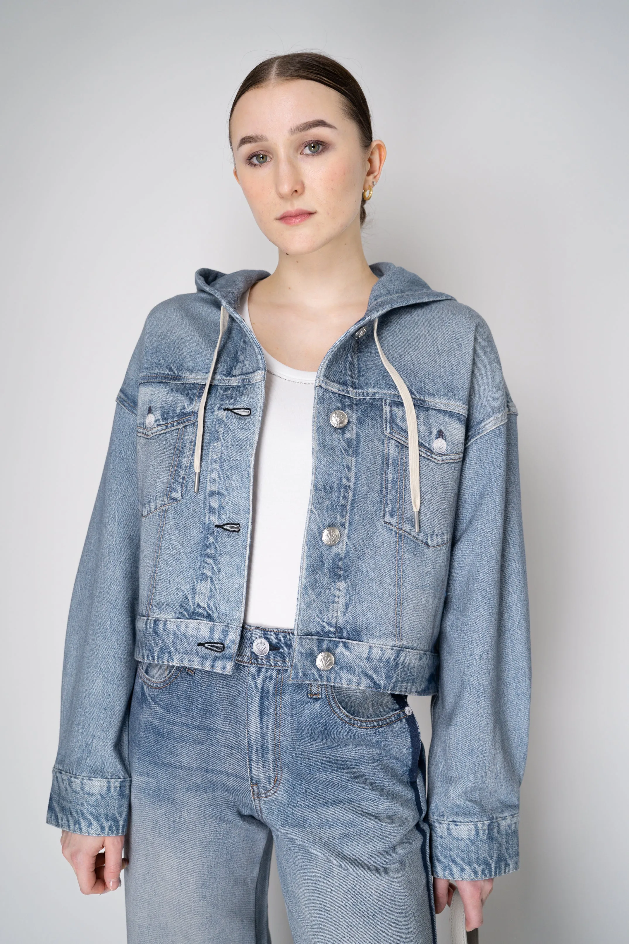 Rag & Bone Miramar Cropped Terry Cloth Trucker Hoodie in Light Blue Denim Print