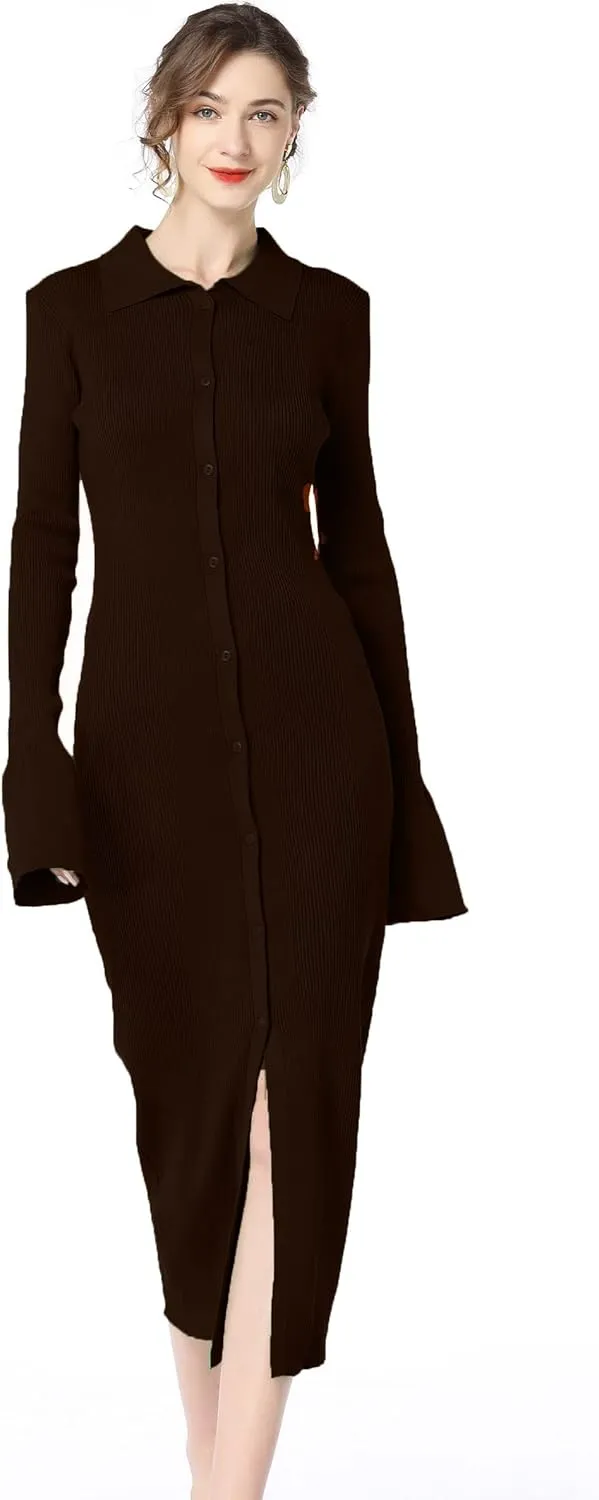 RanRui Women Long Sleeve Knit Dress Stripe Botton Down Knitted Dress Cardigan Sweater Dresses Ribbed Knit Bodycon Maxi Dress