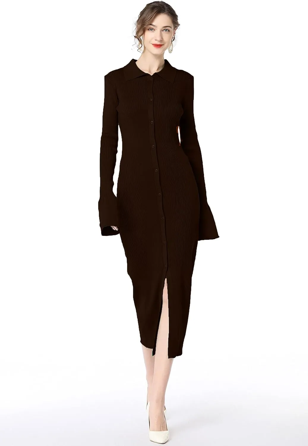 RanRui Women Long Sleeve Knit Dress Stripe Botton Down Knitted Dress Cardigan Sweater Dresses Ribbed Knit Bodycon Maxi Dress