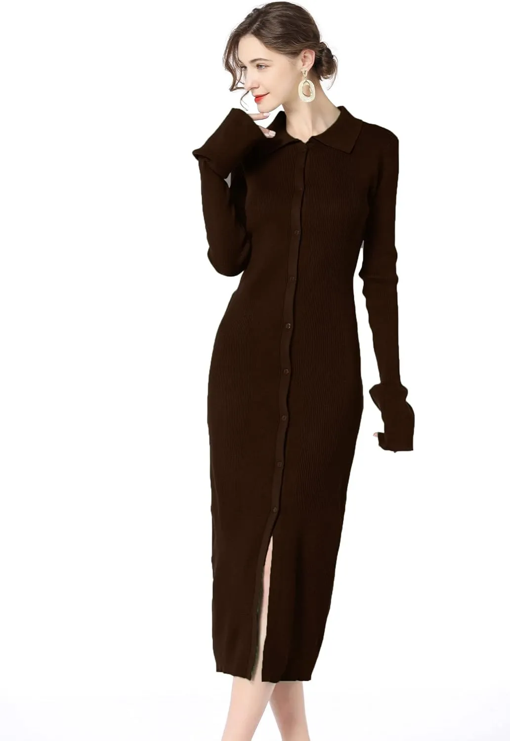 RanRui Women Long Sleeve Knit Dress Stripe Botton Down Knitted Dress Cardigan Sweater Dresses Ribbed Knit Bodycon Maxi Dress