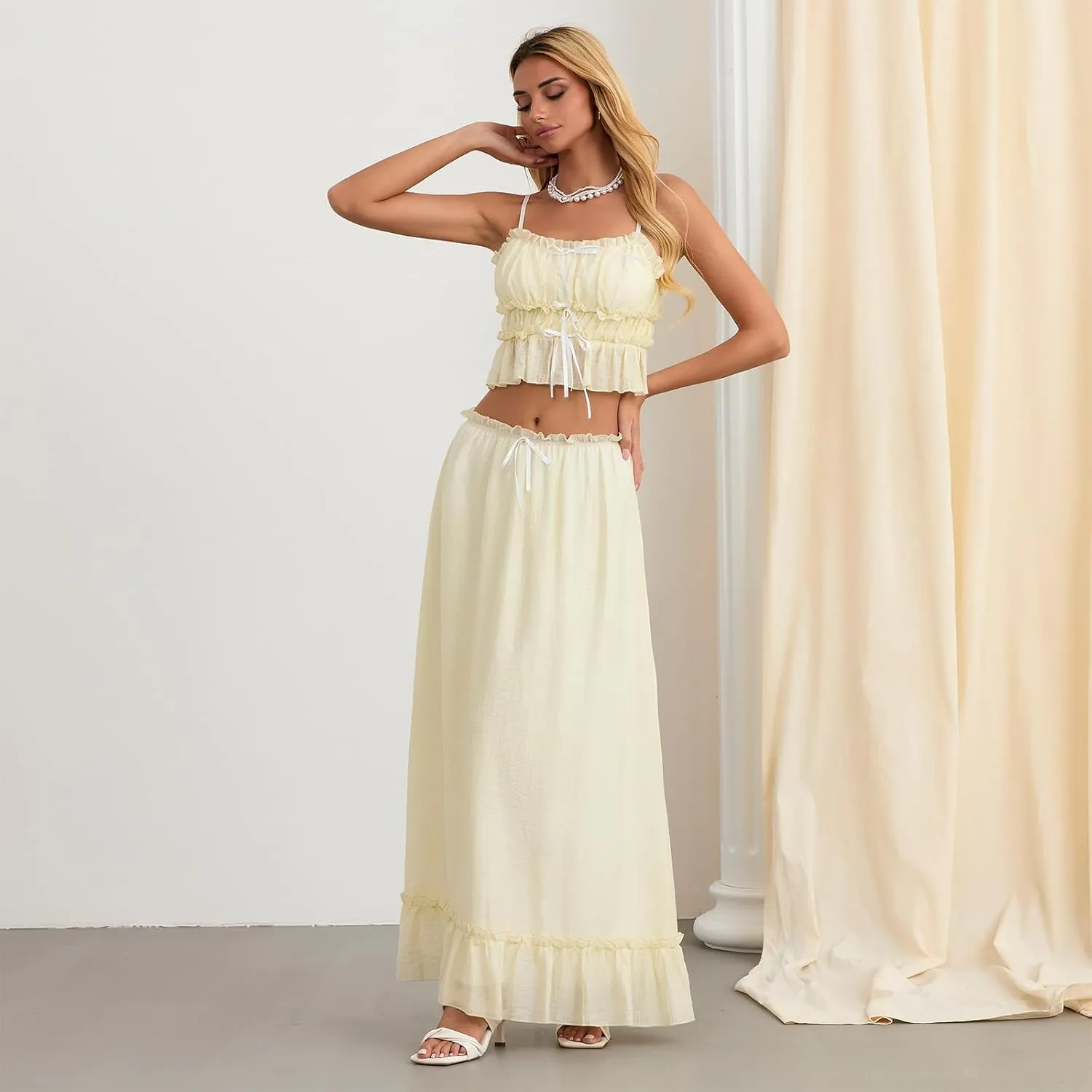 Raruxxin Women 2 Piece Maxi Skirt Sets Summer Y2k Tiered Flowy Ruffle Smocked Beach Long Skirt Sleeveless Tank Cami Tops Set