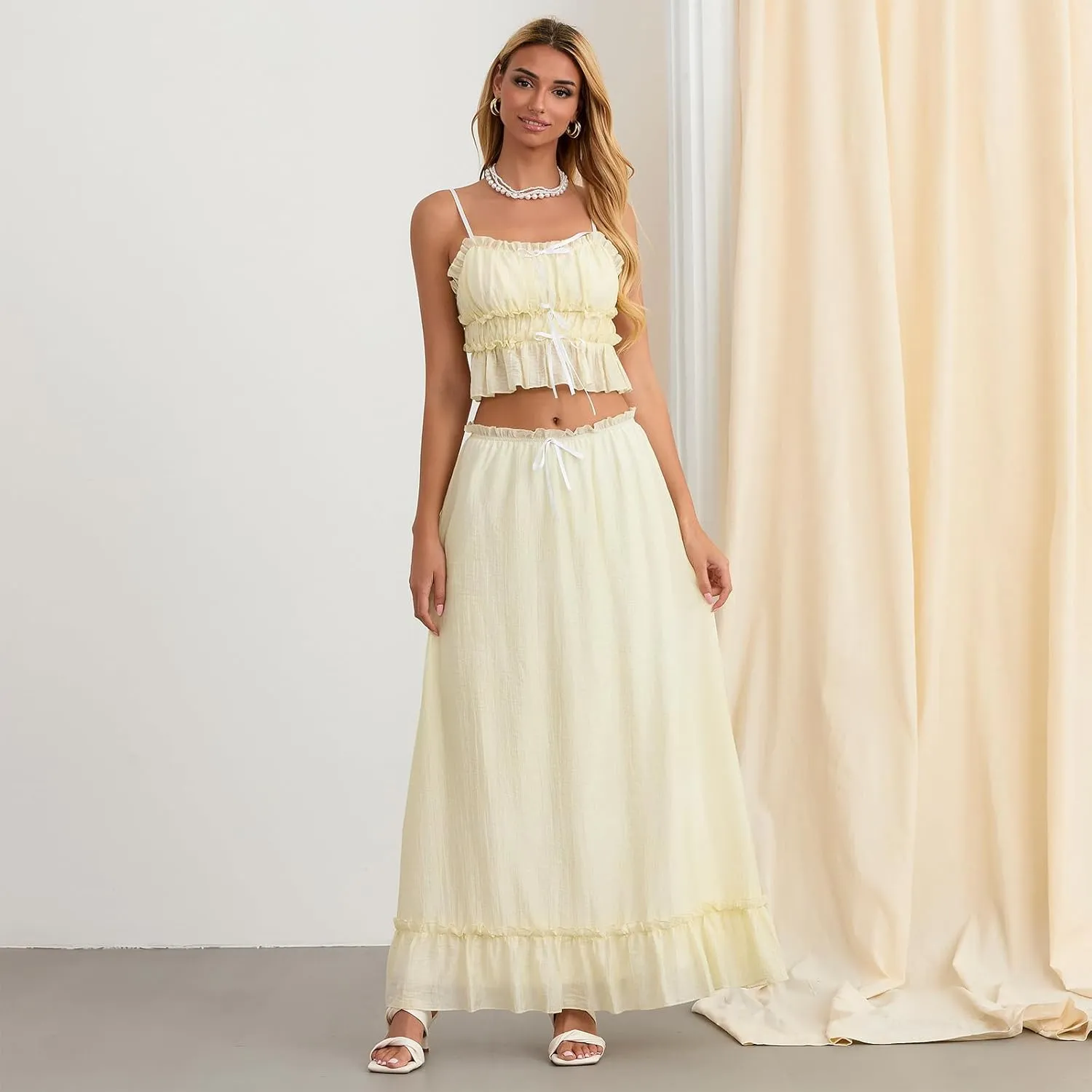 Raruxxin Women 2 Piece Maxi Skirt Sets Summer Y2k Tiered Flowy Ruffle Smocked Beach Long Skirt Sleeveless Tank Cami Tops Set