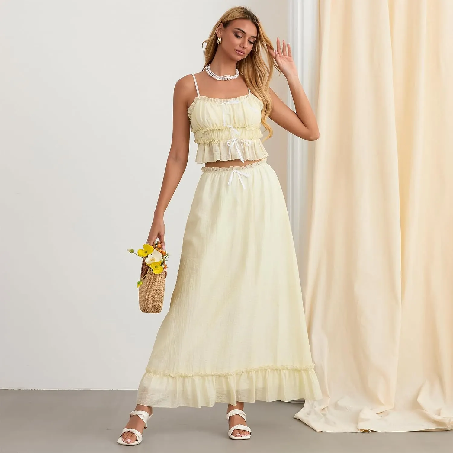 Raruxxin Women 2 Piece Maxi Skirt Sets Summer Y2k Tiered Flowy Ruffle Smocked Beach Long Skirt Sleeveless Tank Cami Tops Set
