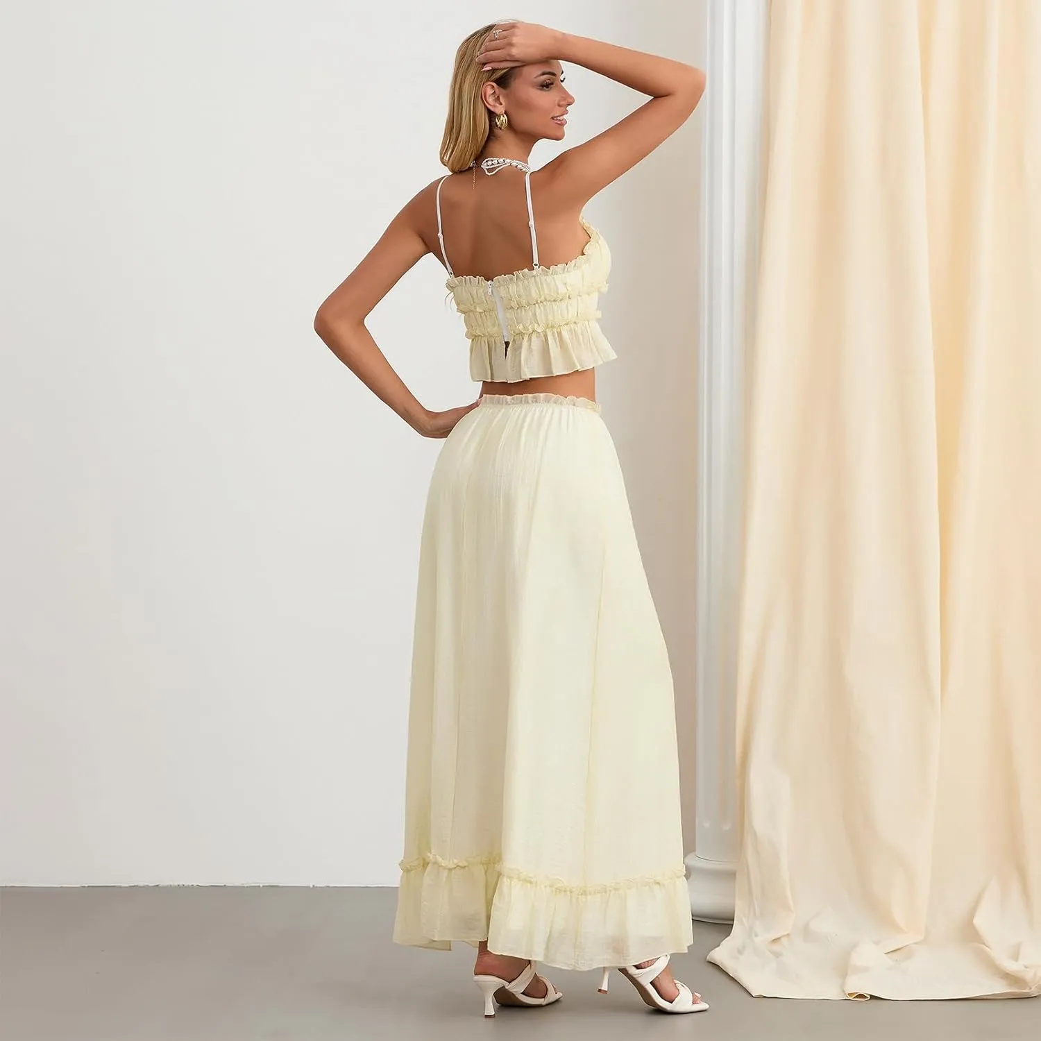 Raruxxin Women 2 Piece Maxi Skirt Sets Summer Y2k Tiered Flowy Ruffle Smocked Beach Long Skirt Sleeveless Tank Cami Tops Set