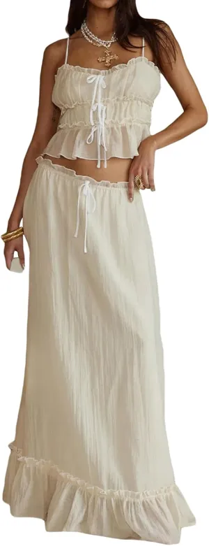 Raruxxin Women 2 Piece Maxi Skirt Sets Summer Y2k Tiered Flowy Ruffle Smocked Beach Long Skirt Sleeveless Tank Cami Tops Set