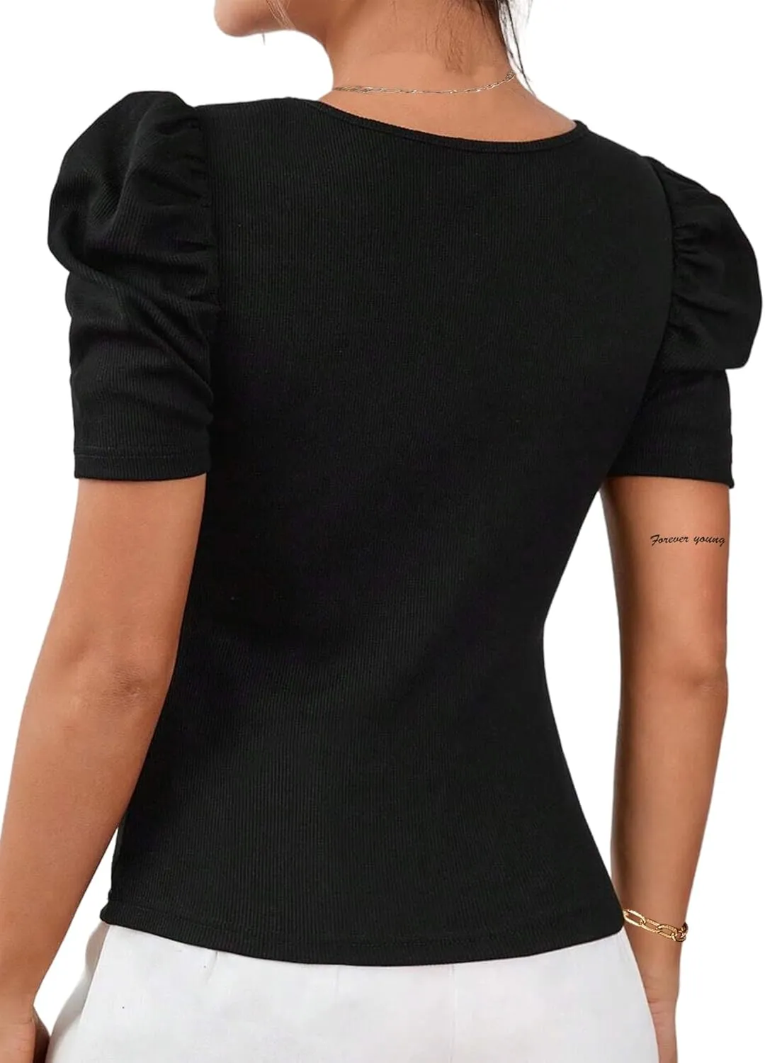 Remidoo Women's Casual Puff Short Sleeve Top Crewneck Solid Slim Fit T Shirt Blouse
