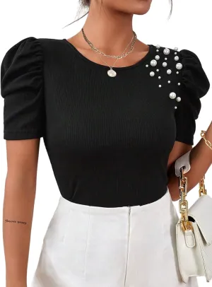 Remidoo Women's Casual Puff Short Sleeve Top Crewneck Solid Slim Fit T Shirt Blouse