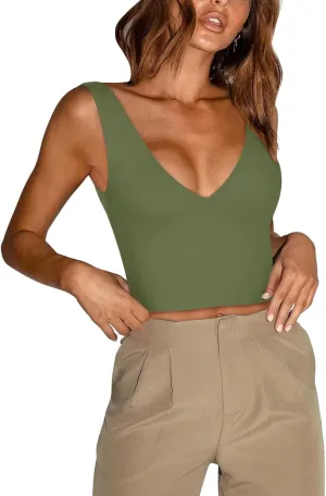 REORIA Butsmooth Womens Trendy Sexy Plunge Deep V Neck Sleeveless V Backless Slim Fit Going Out Crop Tank Tops