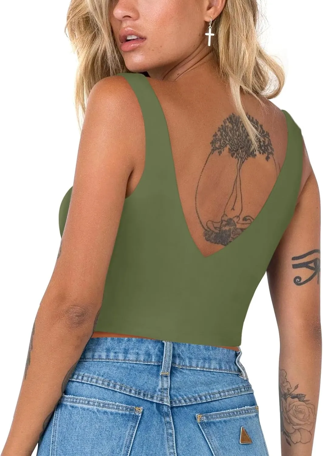 REORIA Butsmooth Womens Trendy Sexy Plunge Deep V Neck Sleeveless V Backless Slim Fit Going Out Crop Tank Tops