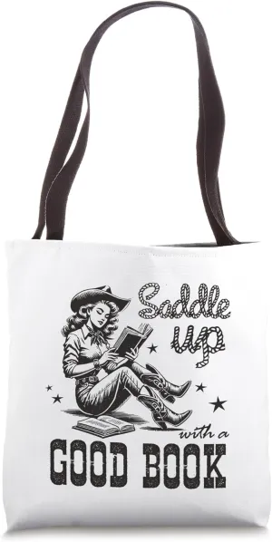 Retro Cowgirl ReadingTee Saddle Up With A Good Book Western Tote Bag