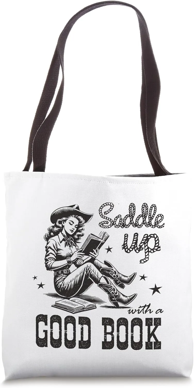 Retro Cowgirl ReadingTee Saddle Up With A Good Book Western Tote Bag