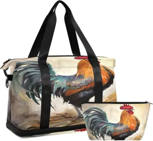 Retro Style Farmhouse Rooster Sports Gym Bag with Waterproof Dry Wet Pocket, Travel Duffel Bag for Women MenWorkout Bag Fits Yoga, Swimming