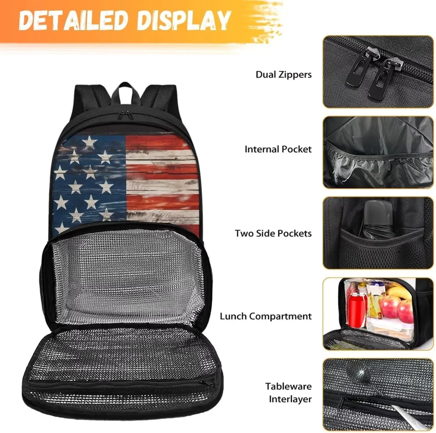 Rnyleeg American Flag Insulated Cooler Backpack Lunch Box Retro Style Shoulder Backpack Thermal Lunchbox Leakproof Waterproof Cooler Bag School Backpack