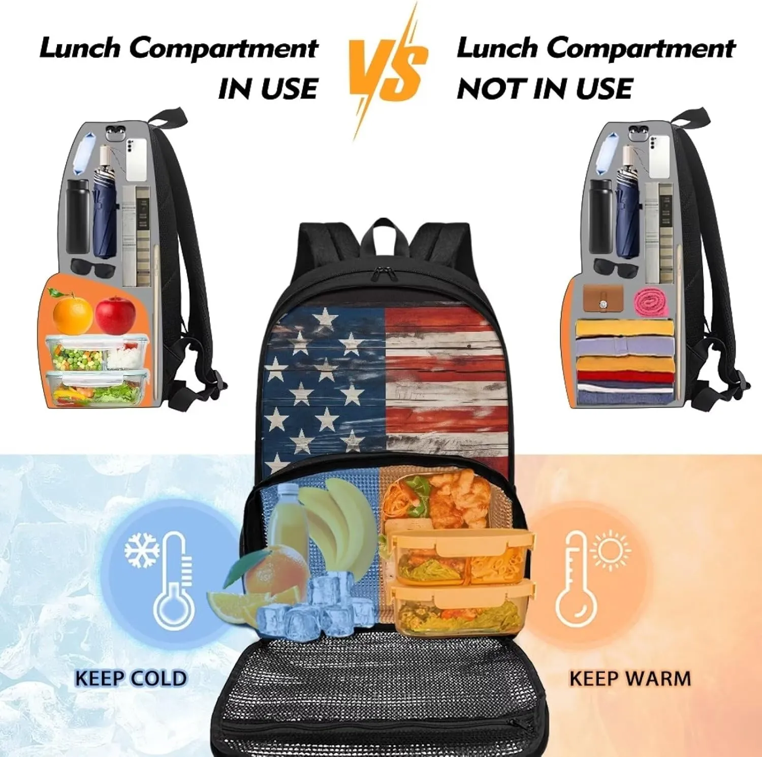 Rnyleeg American Flag Insulated Cooler Backpack Lunch Box Retro Style Shoulder Backpack Thermal Lunchbox Leakproof Waterproof Cooler Bag School Backpack
