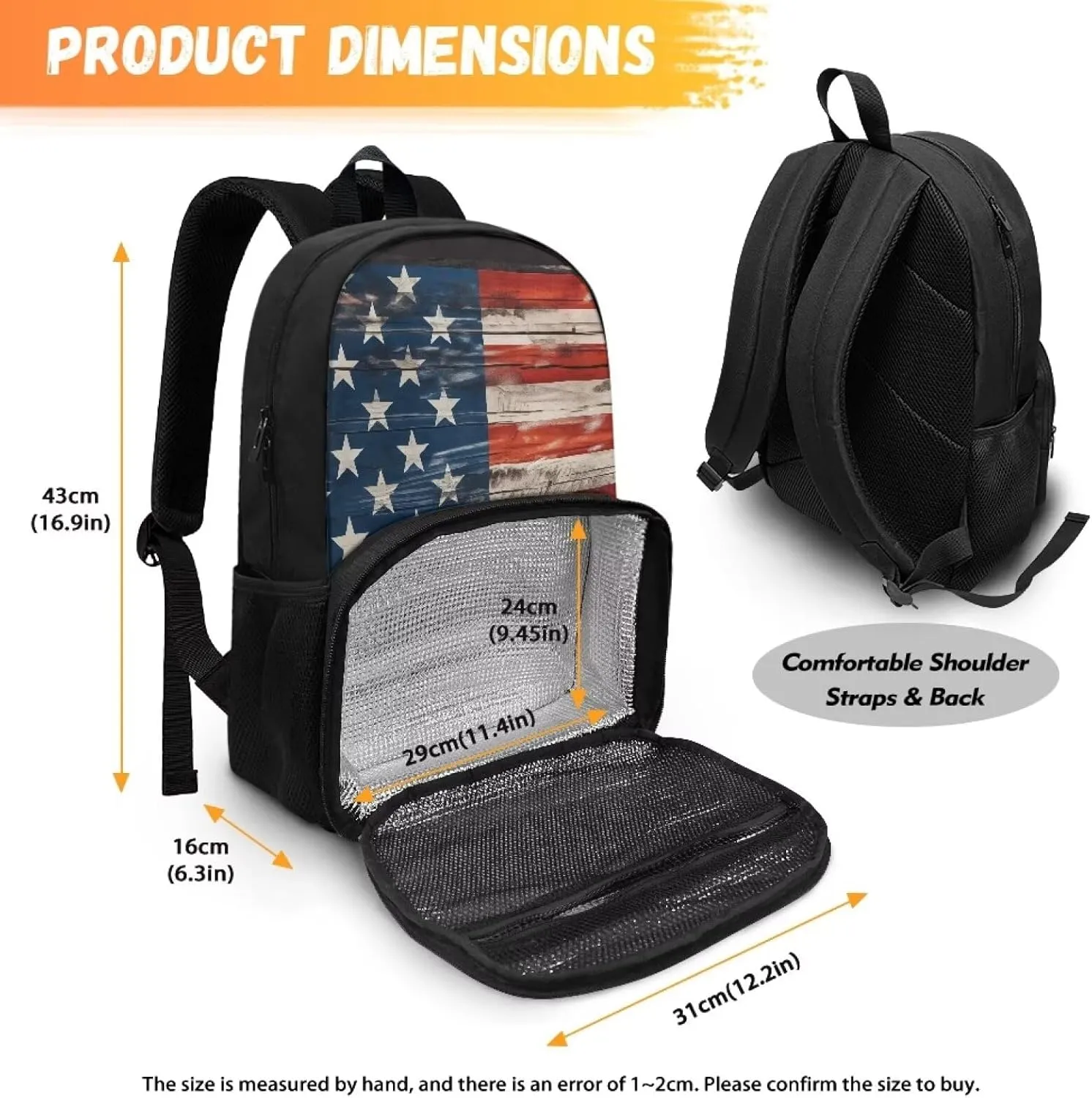 Rnyleeg American Flag Insulated Cooler Backpack Lunch Box Retro Style Shoulder Backpack Thermal Lunchbox Leakproof Waterproof Cooler Bag School Backpack