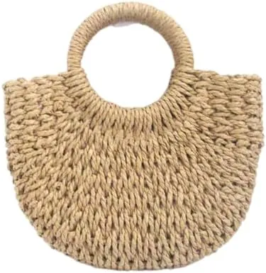 Round straw and paper rope bucket bag, with a retro style, a casual hand-held bag, suitable for vacations and the beach