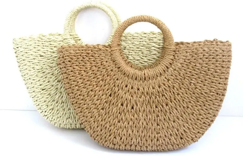 Round straw and paper rope bucket bag, with a retro style, a casual hand-held bag, suitable for vacations and the beach
