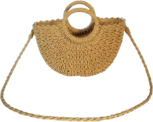 Round straw and paper rope bucket bag, with a retro style, a casual hand-held bag, suitable for vacations and the beach