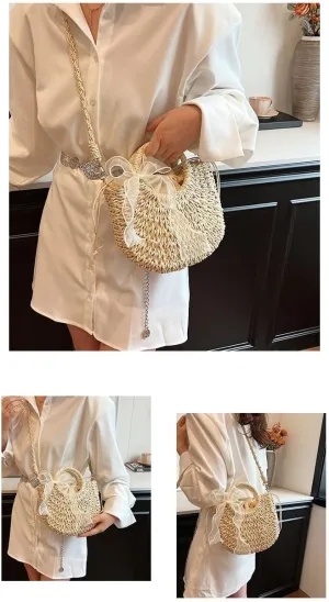 Round straw and paper rope bucket bag, with a retro style, a casual hand-held bag, suitable for vacations and the beach