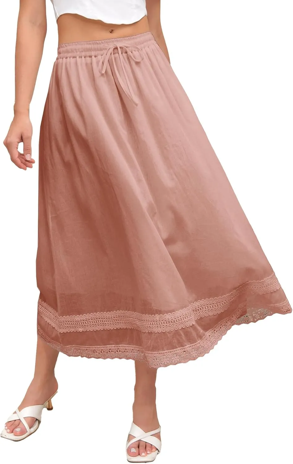 SANGTREE Women's Lace Cotton Linen Skirt Drawstring Waist A Line Beach Flowy Long Skirts