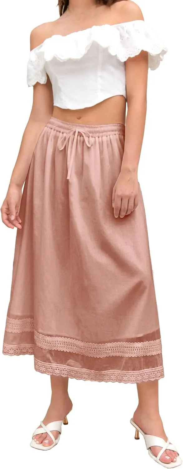 SANGTREE Women's Lace Cotton Linen Skirt Drawstring Waist A Line Beach Flowy Long Skirts