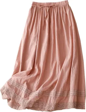 SANGTREE Women's Lace Cotton Linen Skirt Drawstring Waist A Line Beach Flowy Long Skirts