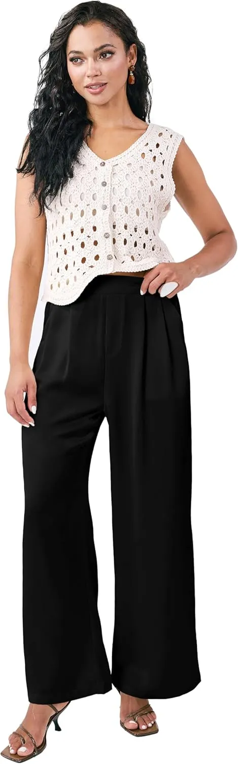 Satin Wide Leg Pants for Women, Casual Palazzo Pants for Women, High Waisted Adjustable Loose Trousers