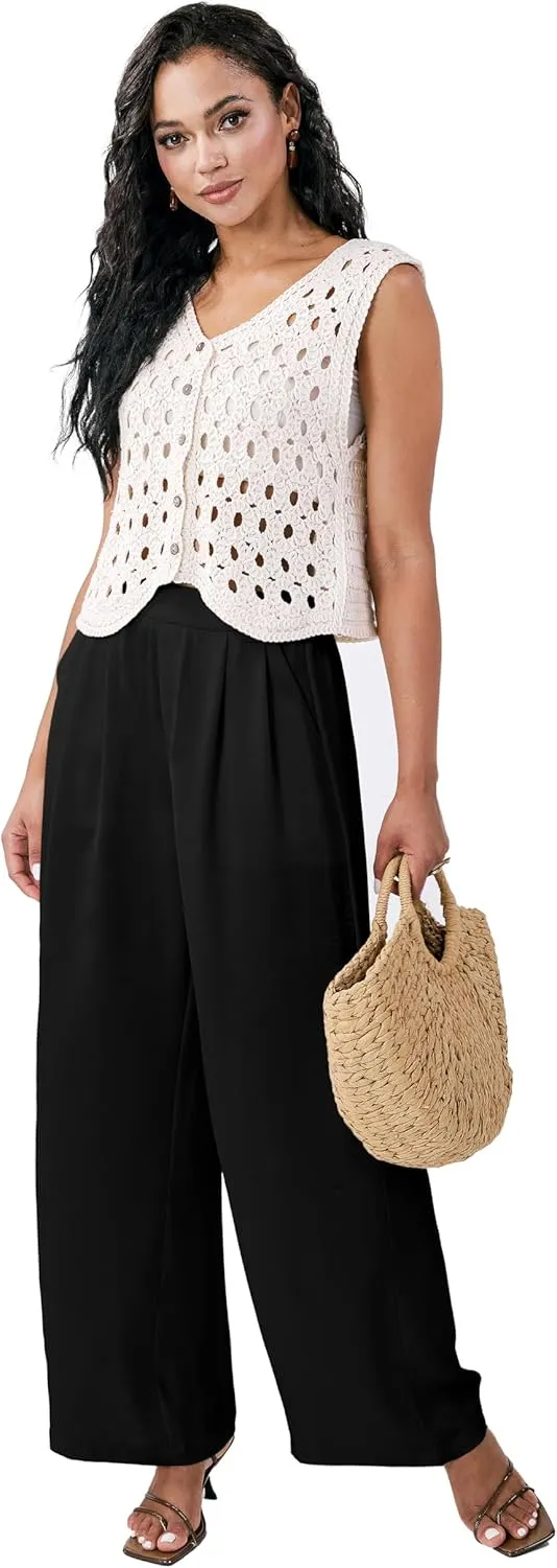 Satin Wide Leg Pants for Women, Casual Palazzo Pants for Women, High Waisted Adjustable Loose Trousers