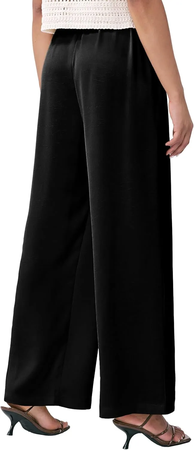 Satin Wide Leg Pants for Women, Casual Palazzo Pants for Women, High Waisted Adjustable Loose Trousers