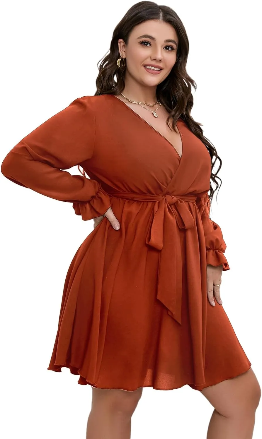 SCOMCHIC Women's Plus Size Long Sleeve Wrap V Neck Tie Waist A Line Mini Dress