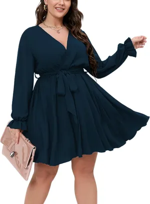 SCOMCHIC Women's Plus Size Long Sleeve Wrap V Neck Tie Waist A Line Mini Dress
