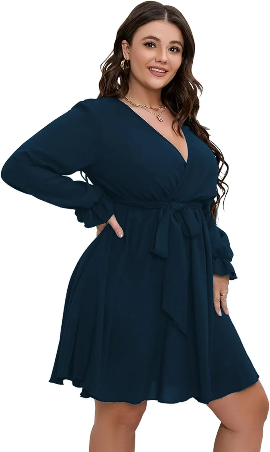 SCOMCHIC Women's Plus Size Long Sleeve Wrap V Neck Tie Waist A Line Mini Dress