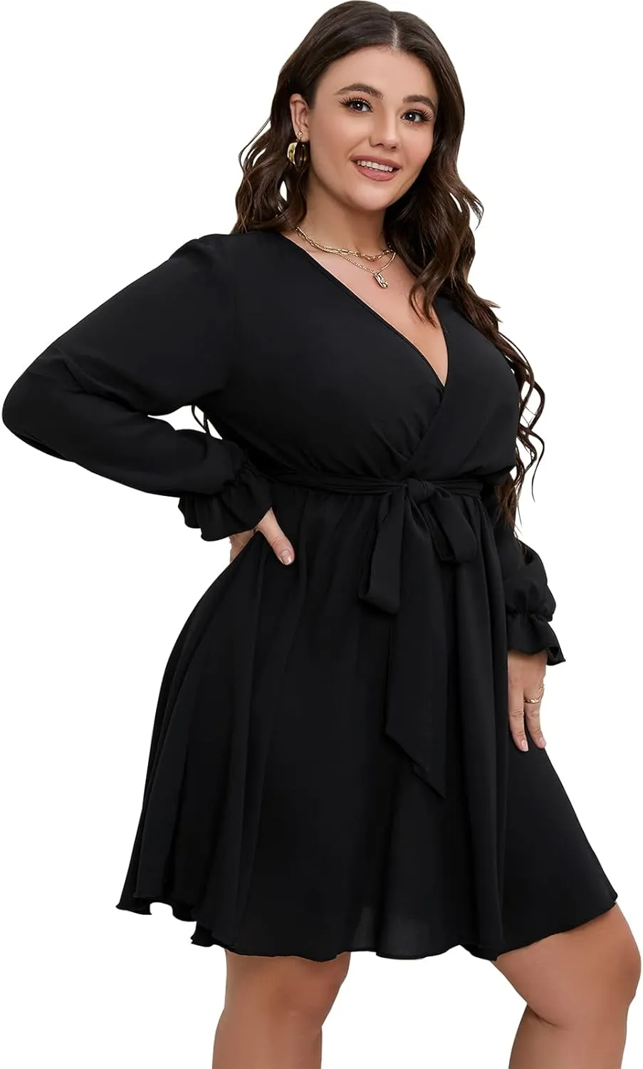 SCOMCHIC Women's Plus Size Long Sleeve Wrap V Neck Tie Waist A Line Mini Dress