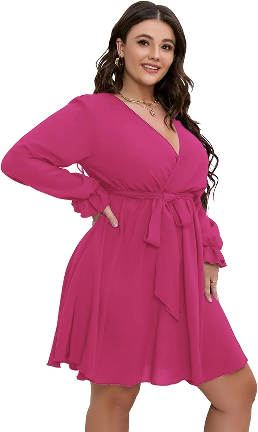 SCOMCHIC Women's Plus Size Long Sleeve Wrap V Neck Tie Waist A Line Mini Dress