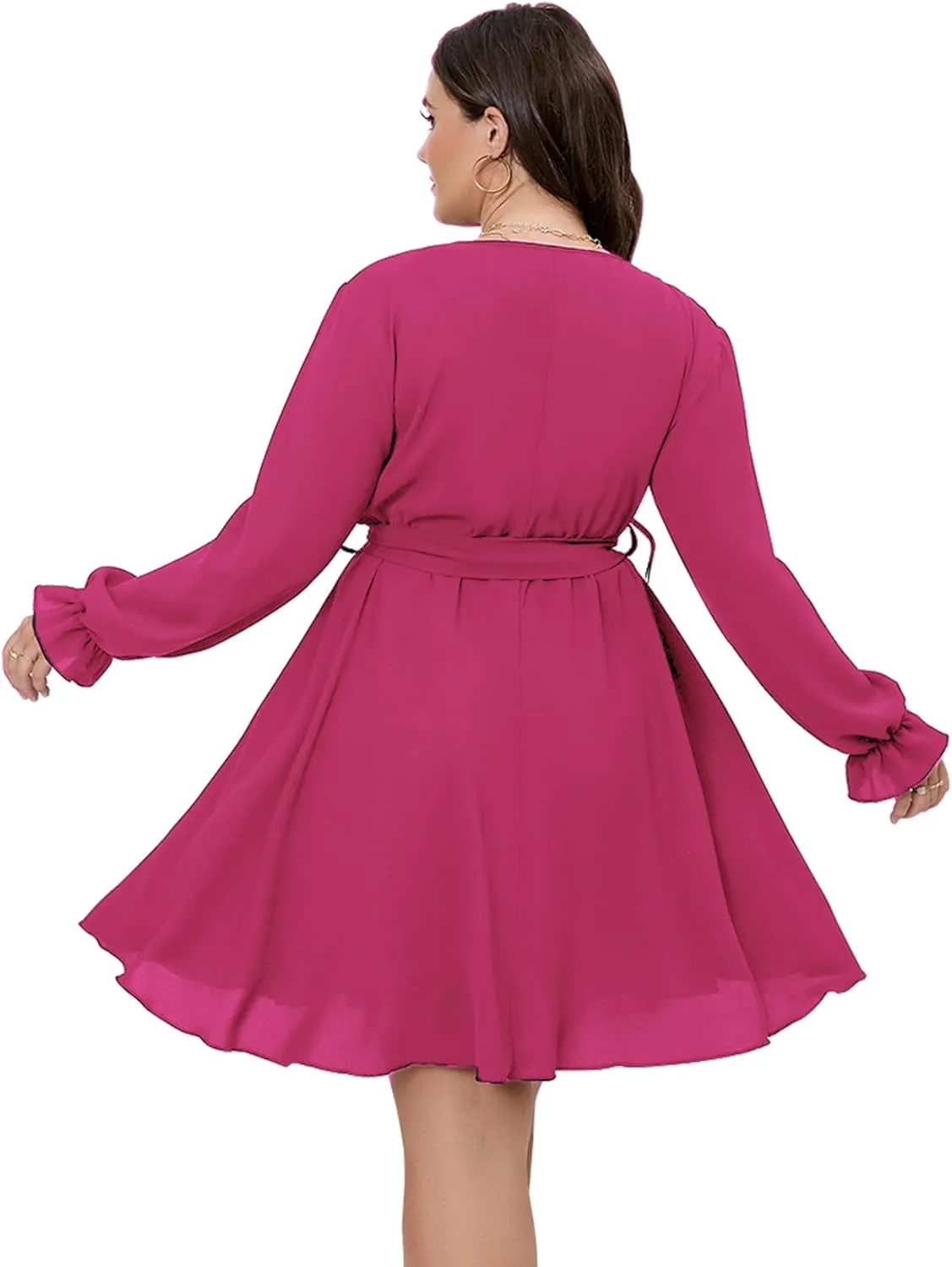 SCOMCHIC Women's Plus Size Long Sleeve Wrap V Neck Tie Waist A Line Mini Dress