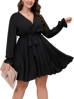 SCOMCHIC Women's Plus Size Long Sleeve Wrap V Neck Tie Waist A Line Mini Dress