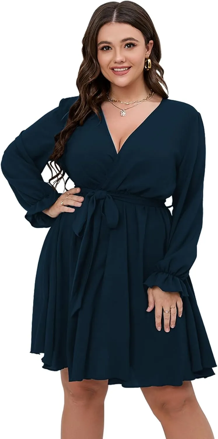 SCOMCHIC Women's Plus Size Long Sleeve Wrap V Neck Tie Waist A Line Mini Dress