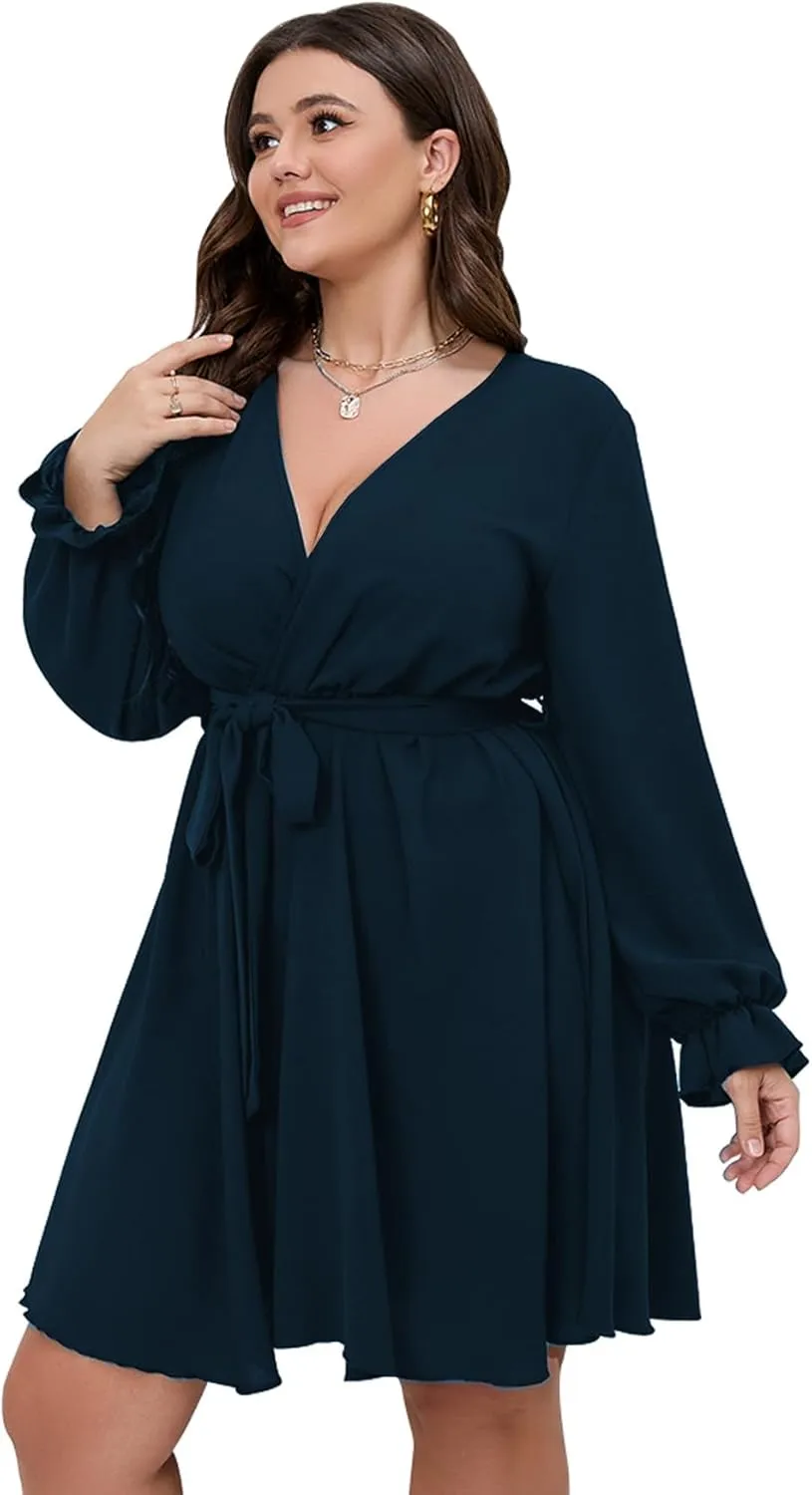 SCOMCHIC Women's Plus Size Long Sleeve Wrap V Neck Tie Waist A Line Mini Dress
