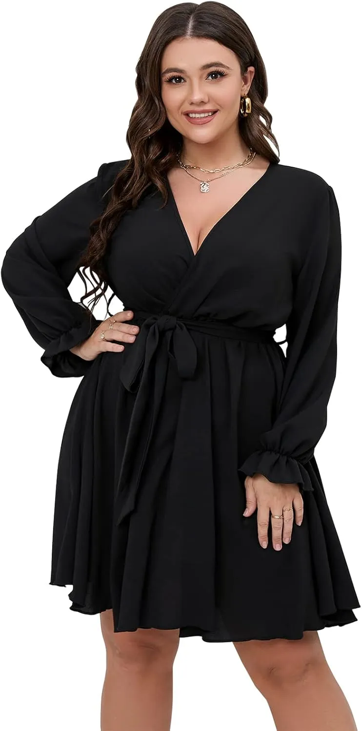 SCOMCHIC Women's Plus Size Long Sleeve Wrap V Neck Tie Waist A Line Mini Dress
