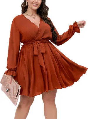 SCOMCHIC Women's Plus Size Long Sleeve Wrap V Neck Tie Waist A Line Mini Dress