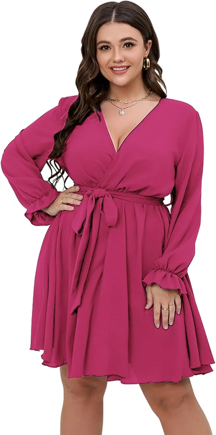 SCOMCHIC Women's Plus Size Long Sleeve Wrap V Neck Tie Waist A Line Mini Dress