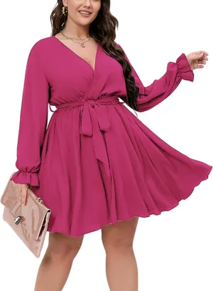 SCOMCHIC Women's Plus Size Long Sleeve Wrap V Neck Tie Waist A Line Mini Dress