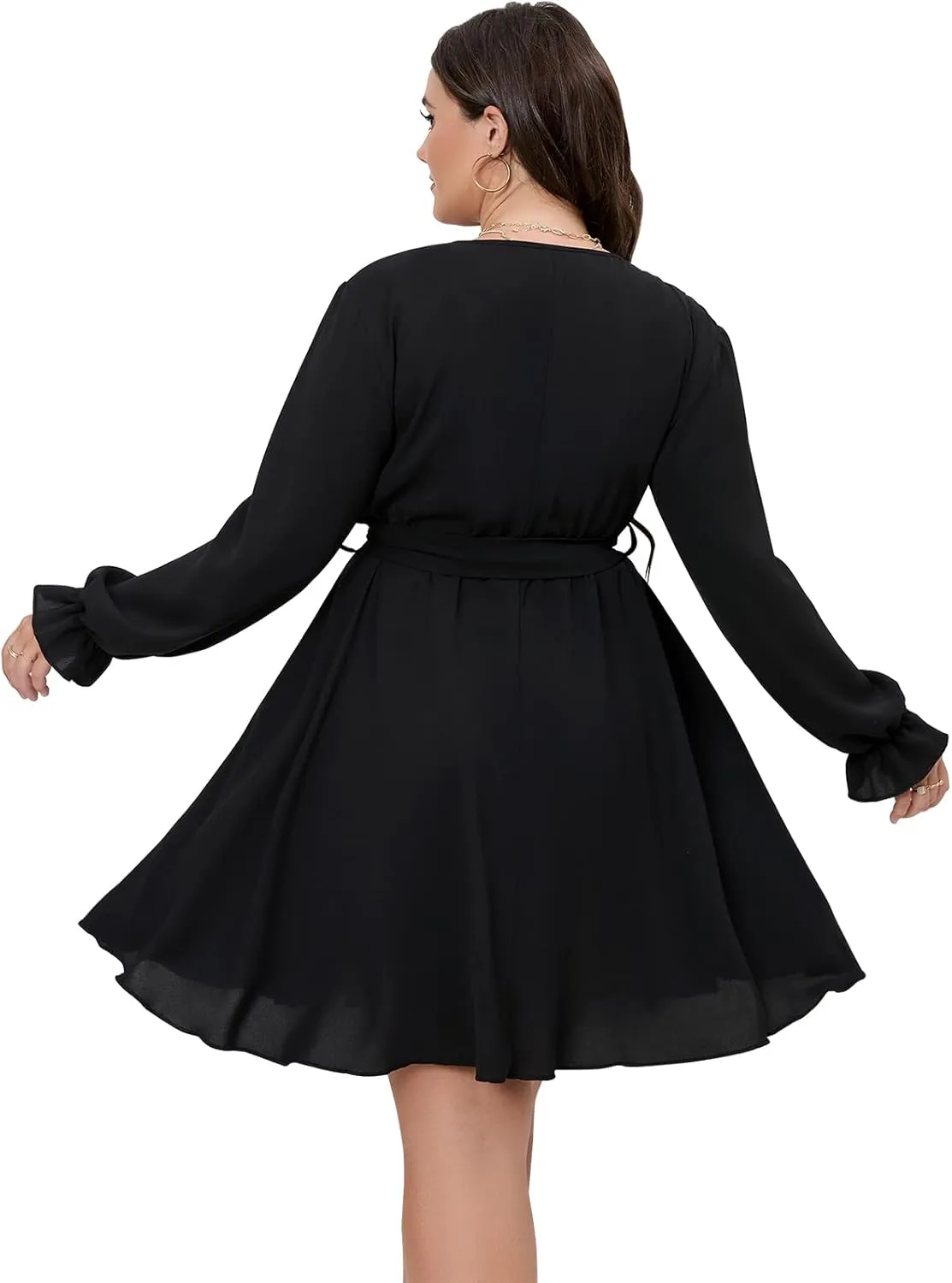 SCOMCHIC Women's Plus Size Long Sleeve Wrap V Neck Tie Waist A Line Mini Dress
