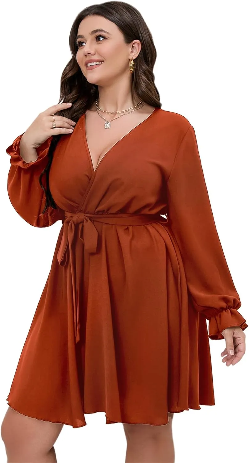 SCOMCHIC Women's Plus Size Long Sleeve Wrap V Neck Tie Waist A Line Mini Dress