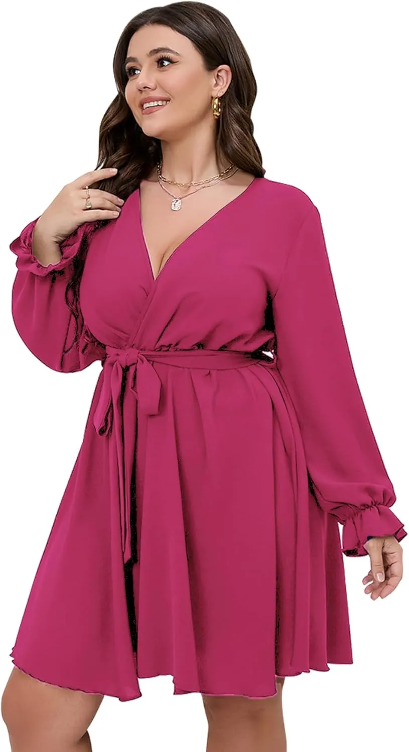 SCOMCHIC Women's Plus Size Long Sleeve Wrap V Neck Tie Waist A Line Mini Dress
