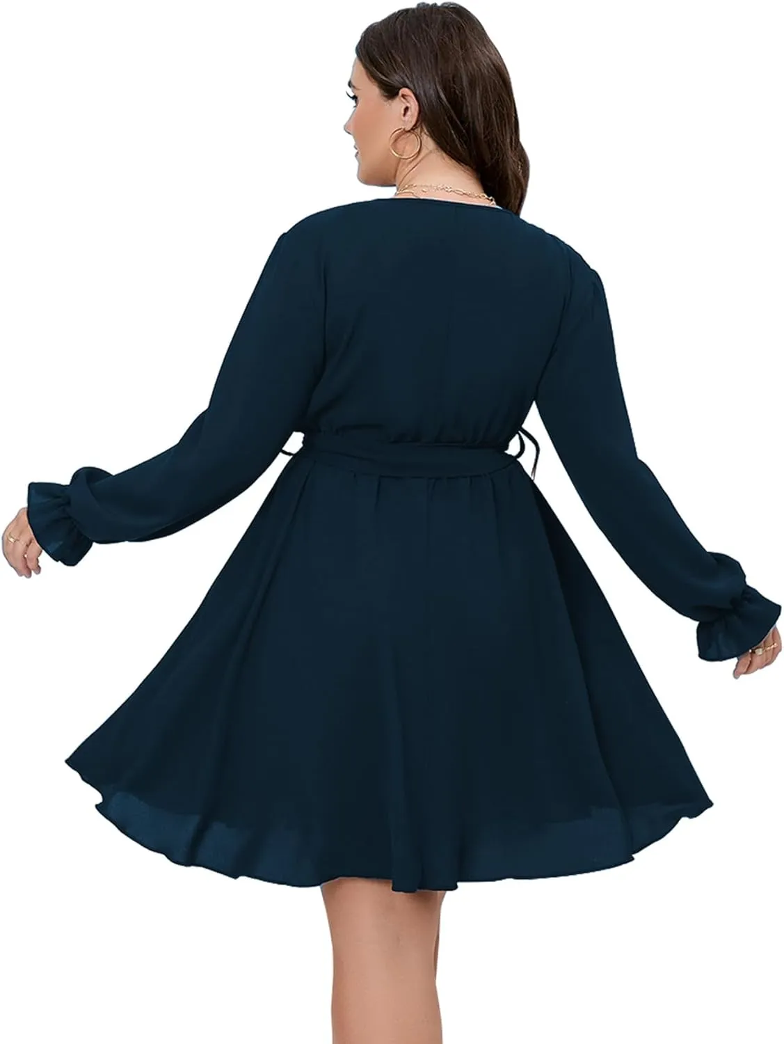 SCOMCHIC Women's Plus Size Long Sleeve Wrap V Neck Tie Waist A Line Mini Dress